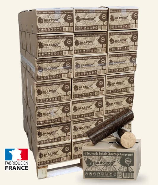 Bûches compressées premium Brazeco – Palette de 80 cartons de 6 bûches